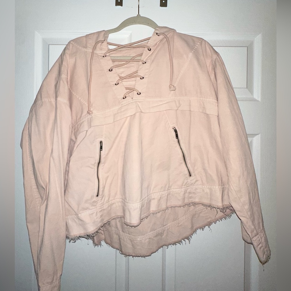 American Eagle women’s lace up, raw hem, pullover, crop jacket